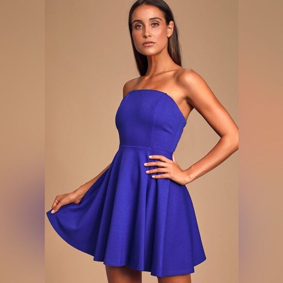 Lulus About a Twirl Royal Blue Strapless Skater Dress Size XS - Picture 1 of 10